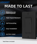 Glossy black Single Pole Decorator Light Switch with Wall Plate 15A 120-277V, labeled features, UL CUL listed.