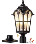 Large Size Dusk To Dawn Outdoor Post Light With Photocell Sensor, 21.9 Inch Tall Hardwired Pole Lamp, black with water ripple glass