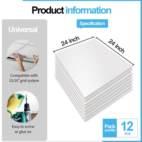 Drop Ceiling Tiles 2x2 Feet, 12-Pack White Premium PVC Panels That Withstand Water and Fire, Reusable No Sag, Easy DIY Cut with Knife or Saw, Covers 48 Sq Ft, Modern Smooth Finish