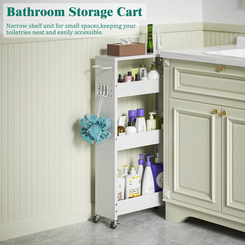 Slim 4 Tier Rolling Storage Cart For Tiny Spaces Space Saver Narrow Metal Utility Cart On Wheels With Handle, White