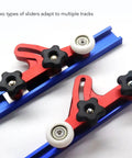 Built Tough Adjustable Table Saw Stock Guide With Slick Rolling Aluminum Bearing Wheels For Reliable Woodworking Feed Support. Close-up of dual sliding supports