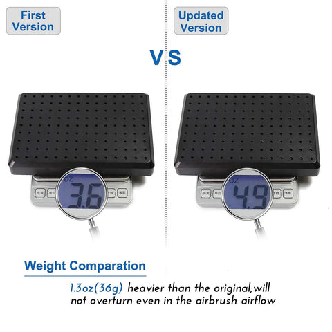 Weight comparison of Painting Stand Base with 20 Piece Alligator Clip Stick Set for Mini Figures, showing updated version.