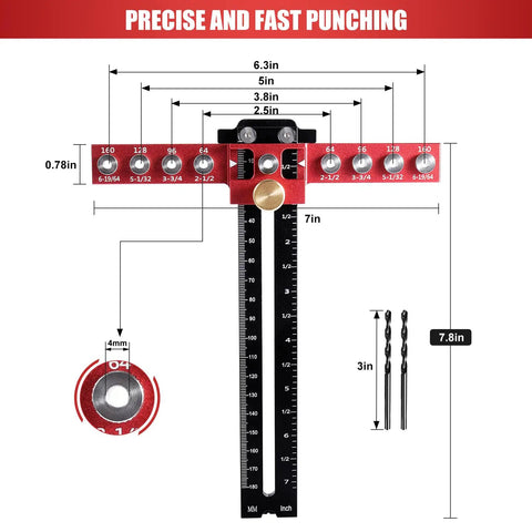 Adjustable Cabinet Hardware Jig And Handle Template Tool Crafted From Heavy Duty Aluminum For Smooth Woodworking Projects No Sweat Drilling Rock Solid Accuracy Nine Hole Layout Built Tough showing measurement details.