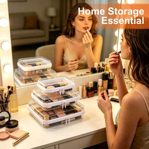 Six Pack Clear Hard Shell Zipper Pouches Waterproof Crush Resistant Storage Bags For Purse Diaper Bag Makeup Toiletries Travel Gear, stacked neatly on a vanity.