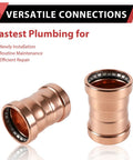 Five Piece 4X4 Inch Copper Press XL Coupling Fittings With Stop Fits Type M L K Tubing, showcasing two copper fittings for plumbing.