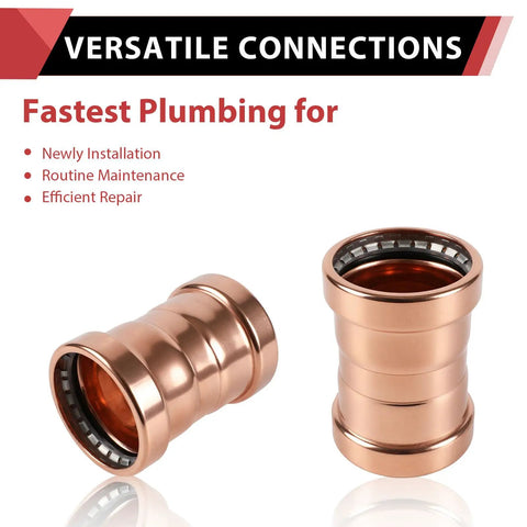 Five Piece 4X4 Inch Copper Press XL Coupling Fittings With Stop Fits Type M L K Tubing, showcasing two copper fittings for plumbing.