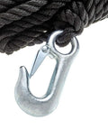 Poly Winch Rope With Steel Hook 3/8 In By 20 Ft, Heavy Duty Twisted Polypropylene, close-up of steel hook and black rope detail.