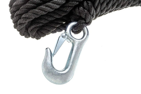 Poly Winch Rope With Steel Hook 3/8 In By 20 Ft, Heavy Duty Twisted Polypropylene, close-up of steel hook and black rope detail.