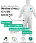 Heavy Duty Hazmat Coveralls 25 Pack With Hood And Elastic Wrists, Full Body Disposable Suit, Anti Static Microporous PE Film on display