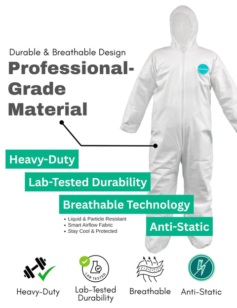 Heavy Duty Hazmat Coveralls 25 Pack With Hood And Elastic Wrists, Full Body Disposable Suit, Anti Static Microporous PE Film on display