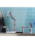 Heritage 8 Inch Centerset Kitchen Faucet with solid brass construction and polished chrome finish, four hole deck mount