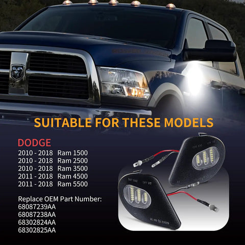 2Pcs LED Side Mirror Puddle Light Lamps Assembly For Dodge Ram 1500 2500 3500 4500 5500 Tow Mirrors 6000K Diamond White