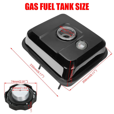 Gas Tank With Fuel Level Gauge Kit Built For Predator 212 And Clone Engines, black, dimensions labeled for 212cc mini bike go-kart.