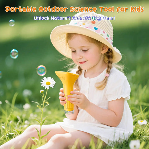 Kid Friendly Digital Microscope With 2 Inch HD Display And 1000X Zoom Handheld Pocket Scope For Science Discovery Totally Fun Educational Toy Gift For Ages 4 To 12 Boys And Girls Easy To Use Ultra Portable, yellow handheld kid microscope in use outdoors