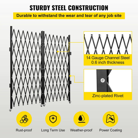 Heavy Duty Double Folding Security Gate Eighty Seven Inches Tall By One Hundred Fifty Inches Wide Built Like A Tank With Fourteen Gauge Steel And Black Powder Coat for job site durability.