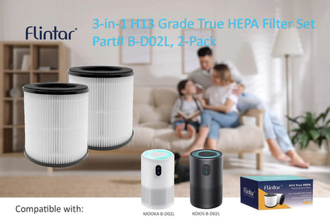 Two Pack 3 In 1 H13 True HEPA Replacement Filters For Your Air Purifier With Pre Filter Main Filter And Activated Carbon For Mooka M05 B D02L VEWIOR B D02U Tailulu D10 Models displayed in living room setting with family in background.
