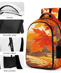 Warm Fall Maple Landscape Backpack For Men And Women, detail view showing handle, shoulder strap, double zipper, side pocket