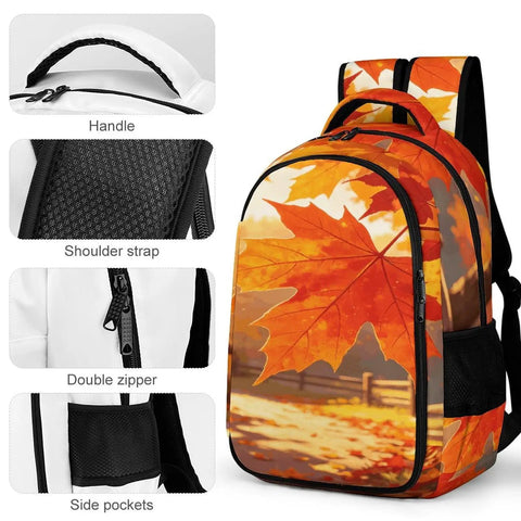 Warm Fall Maple Landscape Backpack For Men And Women, detail view showing handle, shoulder strap, double zipper, side pocket