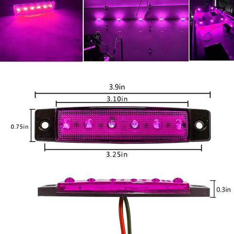 Close-up of Purple LED Rock Lights 10 Pack Underglow Lighting Kit showing dimensions and water resistance for vehicle use.