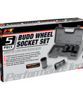 Five Piece 1 Inch Drive Budd Wheel Socket Set Metric and SAE includes 33 mm 35 mm 38 mm 41 mm and 1-1/2 inch sockets in case