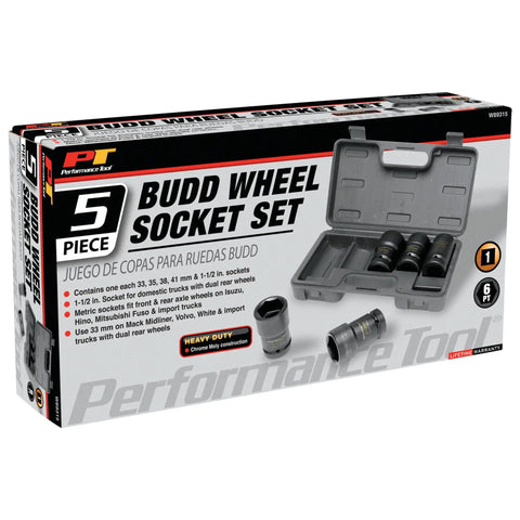 Five Piece 1 Inch Drive Budd Wheel Socket Set Metric and SAE includes 33 mm 35 mm 38 mm 41 mm and 1-1/2 inch sockets in case