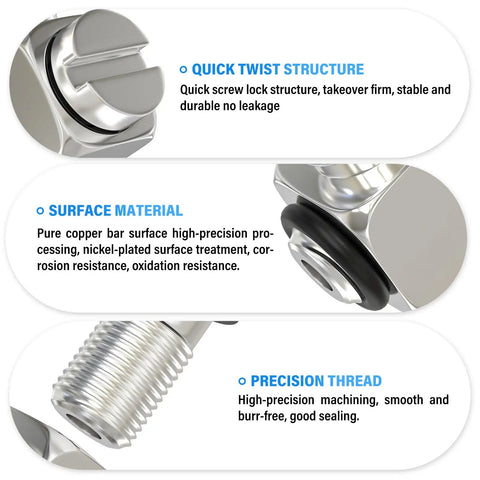 Close-up of Elbow Quick Release Fittings 4mm Tube OD M5 Thread Copper Locking Pneumatic Couplings with twist structure and precision thread.