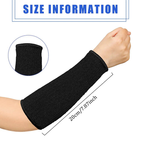 Three Pairs Of Heavy Duty Arm Protectors For Thin Skin And Bruising Cut Resistant Forearm Sleeves Level Five Burn Protection Breathable All Day Comfort HPPE Nylon Spandex Black 7.9 Inch showing size and fit on arm.