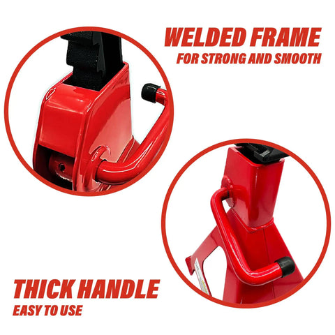 Close-up of Six Ton Jack Stands Beefy Heavy Duty Self Locking With Quick Adjustment Steel Stands welded frame and handle
