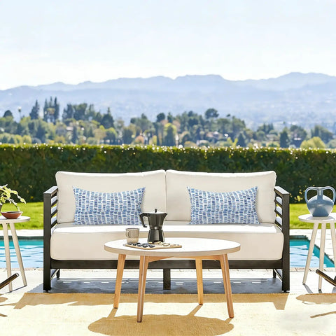 Outdoor Lumbar Pillow Covers 12x20 Inches Pack Of 2 Covers Only Fade Resistant Polyester Cushion Cases For Patio Balcony Garden All Weather Use Pebble Blue installed on patio sofa