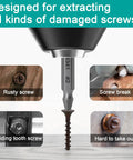 Damaged Screw Extractor Set 6 Pack For Stripped Screws And Rusty Bolts Easy Out Removal Tool with four types of screw examples