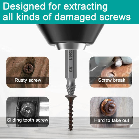 Damaged Screw Extractor Set 6 Pack For Stripped Screws And Rusty Bolts Easy Out Removal Tool with four types of screw examples
