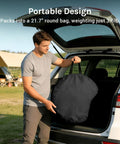 Man holding lightweight carry bag for Pop Up Shower Tent For Camping, Portable Instant Changing Privacy Tent, near open car trunk.