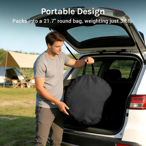 Man holding lightweight carry bag for Pop Up Shower Tent For Camping, Portable Instant Changing Privacy Tent, near open car trunk.