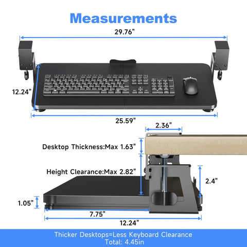 Under Desk Keyboard Tray With Heavy Duty C Clamp Extra Large 30 Inch Total Length 25.6 By 11.8 Inch Slide Out Keyboard And Mouse Drawer Black Go To Space Saver For Ergonomic Setup And Smooth Glide with measurements and dimensions displayed.