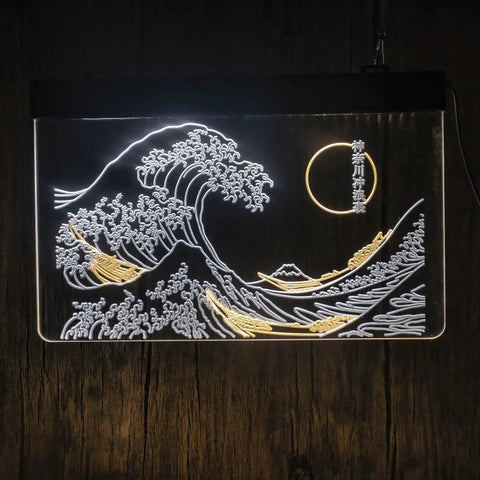 Great Wave Off Kanagawa LED Neon Sign Dope Wall Art in White and Yellow 12x16 Inch Neon Light with 3D Engraved Look and Ukiyoe Vibe