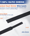 Tough As Nails Braided Heat Shrink Wiring Loom Sleeve For High Temp Protection, before and after 50% shrink demonstration