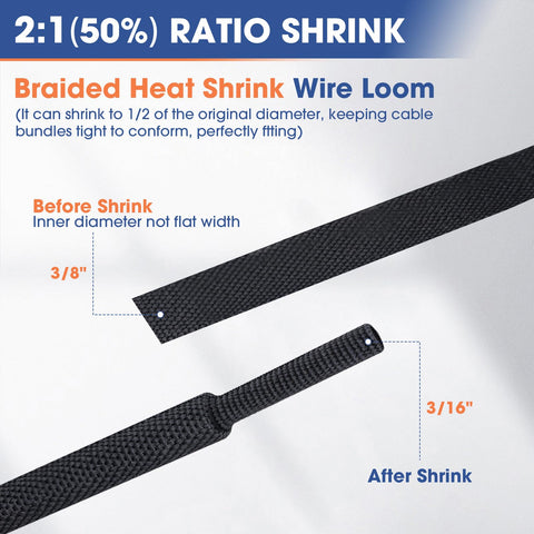 Tough As Nails Braided Heat Shrink Wiring Loom Sleeve For High Temp Protection, before and after 50% shrink demonstration