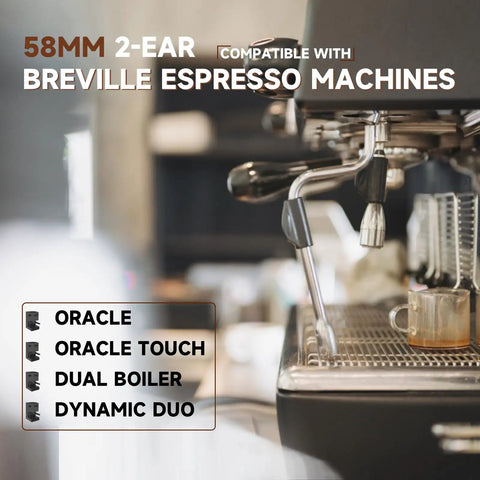 58mm Bottomless Portafilter Featuring Smooth Wood Ergonomic Handle And Double Shot Filter Basket For Breville Oracle Espresso Machines on espresso machine.