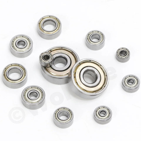 Top view of Wokape 72-piece miniature deep groove ball bearings assortment in 6 sizes, double-shielded steel