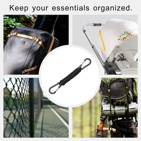 Paracord Keychain With Carabiner Clips 3 Pack, Compact D Ring Lanyard shown on backpack, stroller, and hiking gear