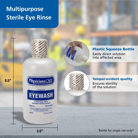 Front view of PhysiciansCARE Eye Wash bottle, 32 oz plastic with tamper-evident seal and blue EYEWASH label