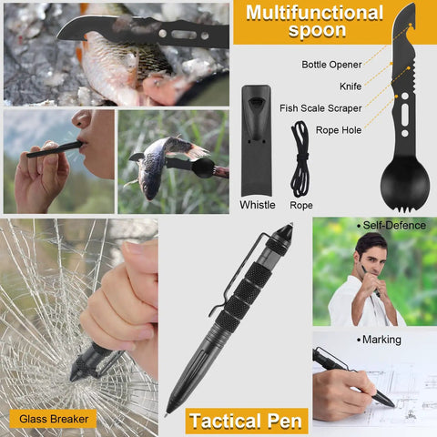 Image of 19 In 1 Survival Gear Kit For Men Dad Husband Emergency Tools Camping Accessories Fishing Hunting Gift For Outdoors Lovers Birthday Stocking Stuffers Cool Gadget Camping Essentials showcasing multifunctional tools including knife, whistle, and tactical pen.