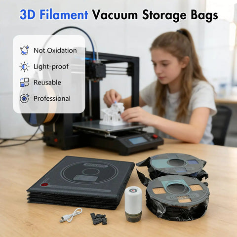 Reusable Vacuum Storage Bags For 3D Filament Top Tier Kit With Hand Pump And Clips Heavy Duty Moisture Proof Light Blocking Seal Keeps Your Material Stash Locked Down Dry As A Bone And Ready For Every Print Job Ahead