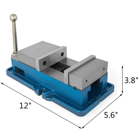 Heavy Duty 4 Inch Lock Down Vise for Milling and Drilling with precision jaws, dimensions 12x5.6x3.8 inches, blue base.