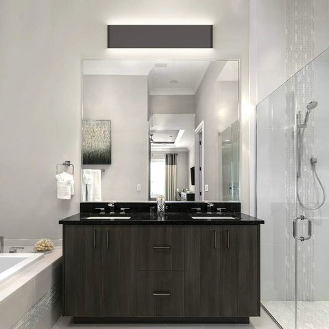 Dope Matte Black 24 Inch Up And Down LED Vanity Light for Bathroom Wall Sconce above modern vanity in bathroom.