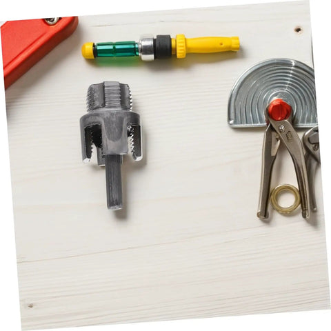 Ifundom 3-Piece Electric Drill Pipe Threader Tool Set For Plastic Water Pipe And Steel Construction With Leakproof Connections and Accurate Threads tools on a wooden surface.