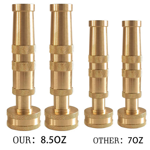 Adjustable Twist Garden Hose Nozzle With Heavy Duty Brass Sprayer 4 Inch Tip 10 Rubber Washers Included Two Pack From Fine Mist To High Pressure Jet Easy Grip Handle Built To Last, showing two large and two small brass nozzles.