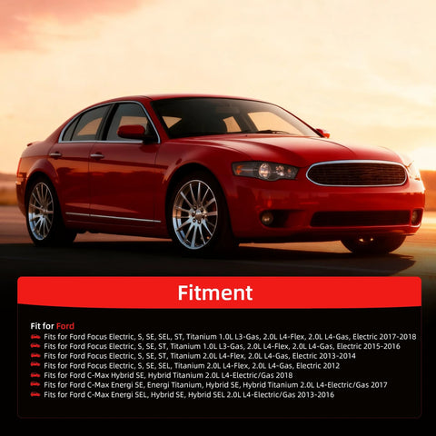 Red sedan car showcasing fitment details for various Ford Focus and Ford C-Max models and years listed in the fitment section.