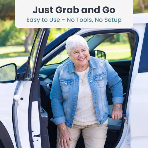 Elderly woman using Car Door Handle For Elderly 2 Pack With Anti Slip Grip And Steel Hook For Secure Latch Fit Cane Assist Handle