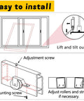 Installation guide for Four Piece Spring Tension Screen Door Rollers Replacement Sliding Patio Door Wheels with adjustment details.